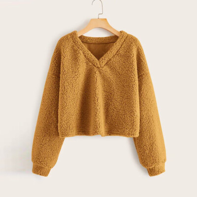 

Tailored Fashion Women Casual Loose Long Sleeve Solid Color V-Neck Sweatshirt Tops