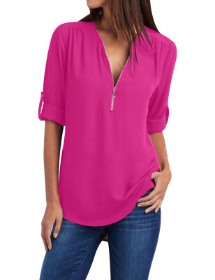 

Women Tops Casual Street Half Sleeve V-Neck Blouse Loose Plus Size Zipper Chiffon Blouse Shirts