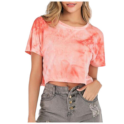 

Starmoon Fashion Women Casual O-Neck Short Sleeve Lace Gradient Color Sport Tops T-shirt