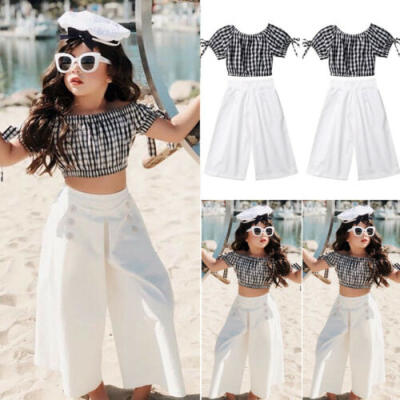 

Kids Baby Girl Off Shoulder Checks Tops T-Shirt Long Pants Outfits Clothes Set