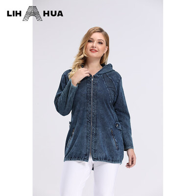 

LIH HUA Womens Plus Size Casual Denim Jacket stockinet high flexibility Slim Fit Jacket