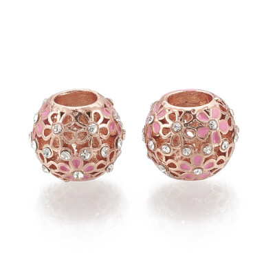 

Alloy Enamel European Beads with Rhinestone Hollow Large Hole Beads Rondelle with Flower Rose Gold 115x95mm Hole 5mm