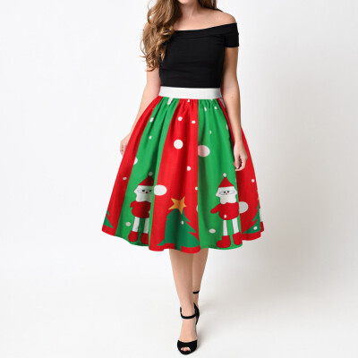 

Roseonmyhand Women Christmas Santa 3D Print Flare Elastic High Waist Cosplay Ball Gown Skirt