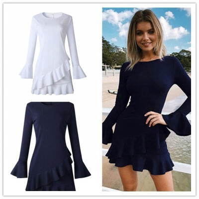 

Women Long Sleeve Elegant Simple Asymmetric Formal Ladies Mini Dress