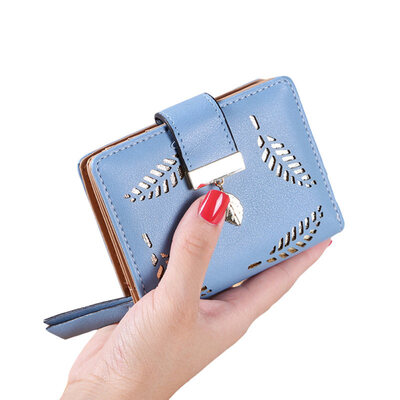 

Women Hollow Leaf Zipper Buckle Faux Leather Cash Card Holder Purse Short Wallet
