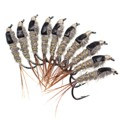 

10 pcsset Avenger Fast Sinking Black back rabbit ear Wire Tungsten Bead Head Nymph Flies Trout Fly Fishing Lures 12