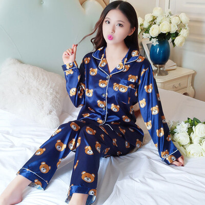 

Womens Silk Cartoon Print Pajamas Pyjamas Set Long Sleeve Sleepwear Nightwear