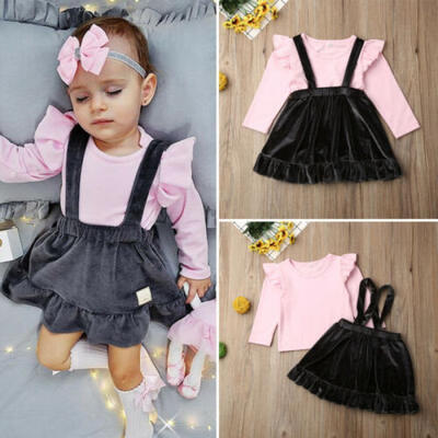 

2Pcs Kids Baby Girl Tops T-shirtVelvet Suspender Skirt Dress Outfit Set Clothes