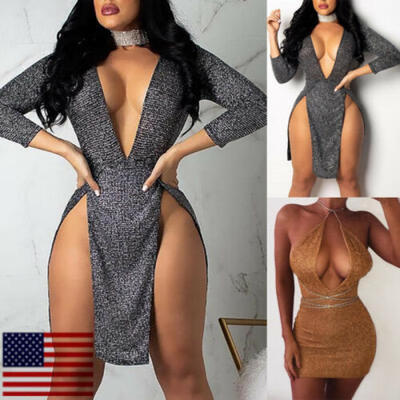 

Womens V Neck Sleeveless Sequins Sexy Bodycon Clubwear Party Mini Dress US