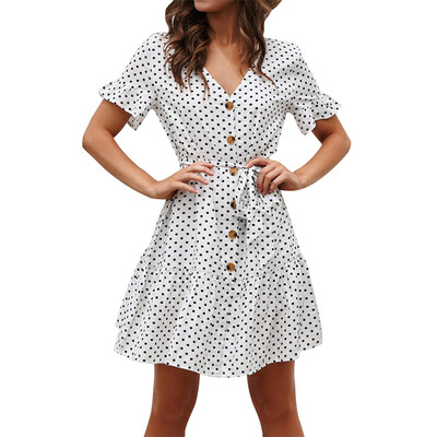

Polka Dot Print V-Neck Button Lace Dress Loose High Waist Ruffle Sleeve Dress