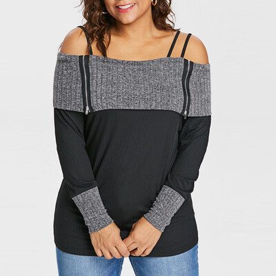 

Roseonmyhand Women Plus Size Long Sleeve Patchwork Off Shoulder Strapless Suspenders Top