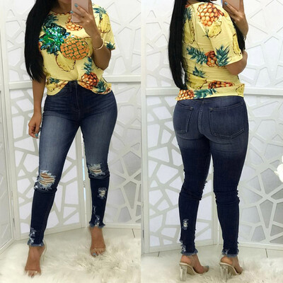 

Tailored Women High Waisted Skinny Elastic Denim Pants Holes Broken Pencil Jeans