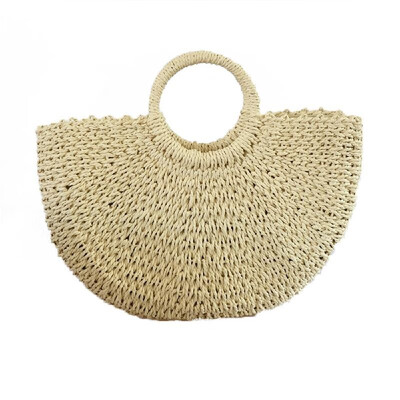 

Summer Handmade Bags Women Pompon Beach Weaving Ladies Straw Bag Wrapped Beach Bag Moon Shaped Bag Drawstring Handbag