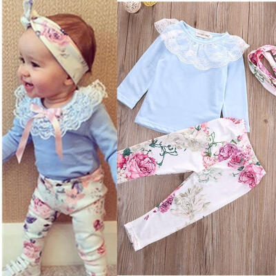 

Kids Fashion 3pcs Newborn Kids Baby Girls Lace Tops T-shirt Floral Pants Headband Outfits Set