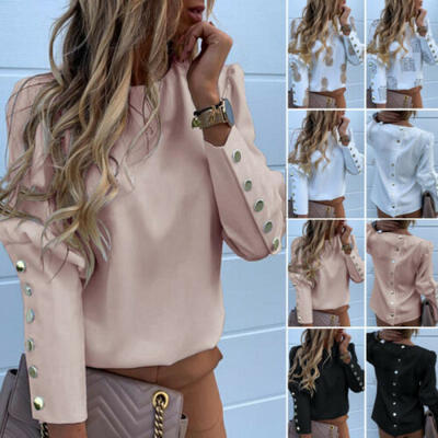 

UK Womens Long Puff Sleeve Blouse Ladies Button Shirts OL Work Cocktail Tops