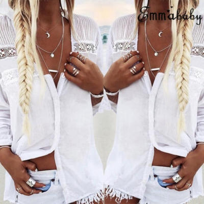 

Fashion Women Loose Long Sleeve Lace Tops Solid Casual Blouse T-Shirt