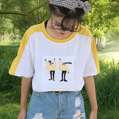 

Summer Tops Women Round Neck Color Block Cartoon Character Print Patch Half Sleeve Loose T-Shirt camisetas verano mujer