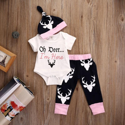 

3PCS Newborn Baby Girl Top Romper Deer Pants Leggings Hat Home Outfits Set 0-18M