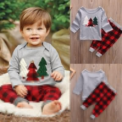 

Kids Baby Boy Girl Long Sleeve Christmas Clothes Set T-shirtPlaid Pants 2PCS Outfits