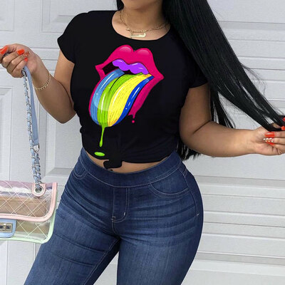

Women Fashion Summer Short Sleeve Lip Printing T Shirt Casual O Neck Multicolor Printed Tee Shirt Tops