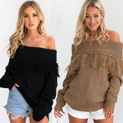 

Womens Long Sleeve Off Shoulder Knitted Sweater Pullover Jumper Knitwear Tops