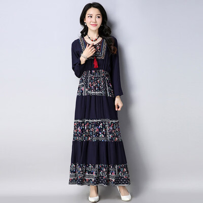 

Women Round Neck Short Sleeve National Wind Big Swing Dress Elegant Printed Slim Dress