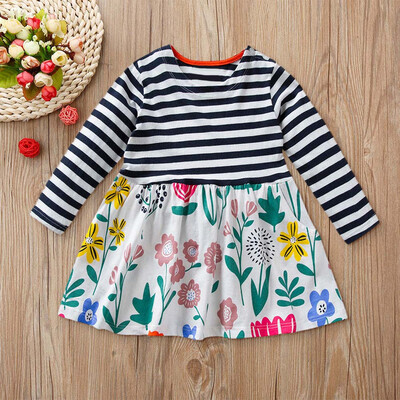 

Children Kids Girls Long Sleeved Stripe Floral Print Dress Clothing