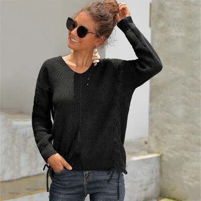 

Tailored Women Casual Solid V-Neck Knitted Hollow out Long Sleeve Sweater Top Blouse