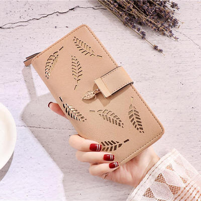 

PU Leather Wallet Hollow Leaf Zipper Wallets Card Holder Purse Long Clutch Handbag For Women