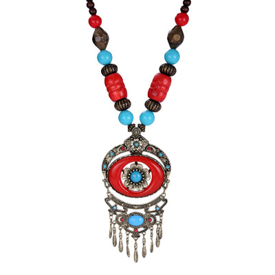 

1Pc Retro BlueRed Vintage Bohemia Bib Tibetan Silver Pendant Long Chain Sweater Necklace New High Quality Women