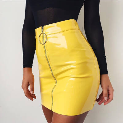 

Summer Women High Waist Circle Zipper Shiny PU Leather Mini Short Pencil Skirt