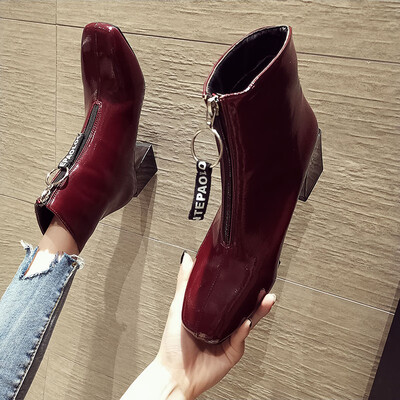 

Short-booted womens spring&autumn single boots British style retro front zipper handsome Martins boots patent leather thick h