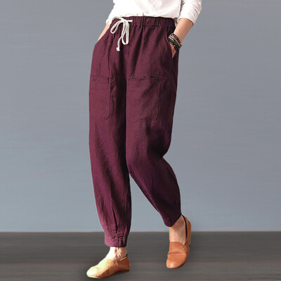 

Women Casual Solid Pants Elastic Mid Waist Pockets Lady Long Loose Pants