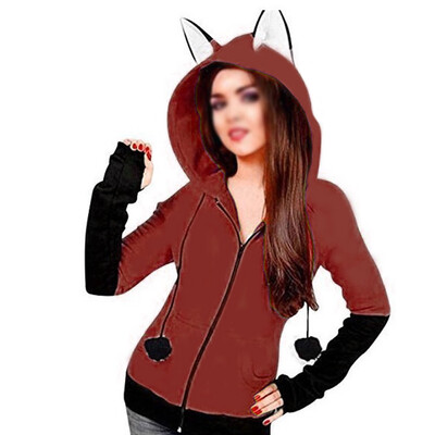 

Women Long Sleeve Casual Coat Cartoon Zipper Hoodie Color Block Sport Sweatshirt