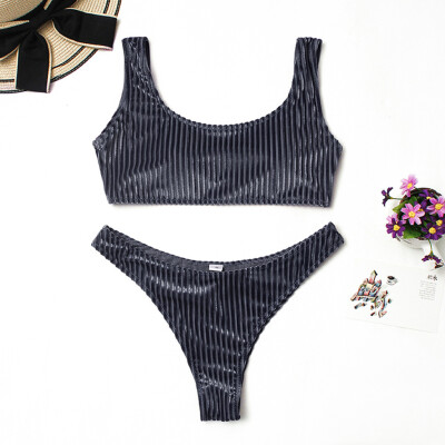 

Roseonmyhand Womens Fashion Stripe Solid Color Cute Split Swimsuit Beachwear Bikini