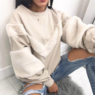 

2019 Autumn Winter Fashion Women Splice V type Plush O-neck Long sleeves Loose Sweatshirt