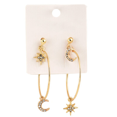 

4PcsSet Bohemian Large Circle Earrings Ear Clip Crystal Moon Star Stud Jewelry