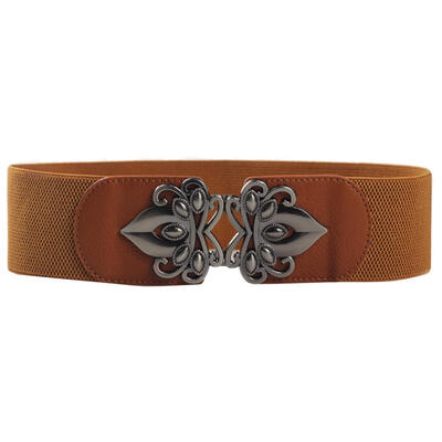 

Vintage Solid Color Wide Waistband Metal Hollow Flower Buckle Elastic Women Belt