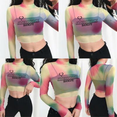 

Women Sheer Mesh Fish Net Long Sleeve Turtle Neck See Crop Top T-Shirt Blouse