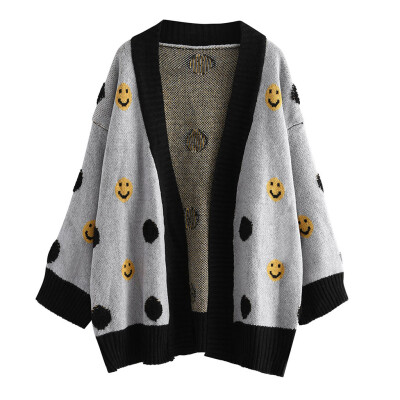 

Toponeto Womens Long Sleeve knitting Cardigan Tops Ladies Print Smile Shirts Coat