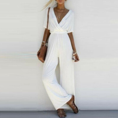 

New Style Women V Neck Short Sleeve Jumpsuit Ladies Summer Casual Loose Playsuit