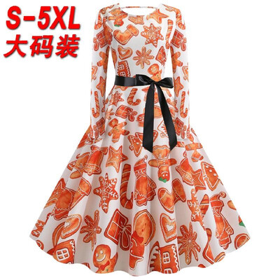 

F5358 Cross-border Christmas Explosion FallWinter Round Neck Long Sleeve Print Large Size Black Ribbon Big Dress Orange