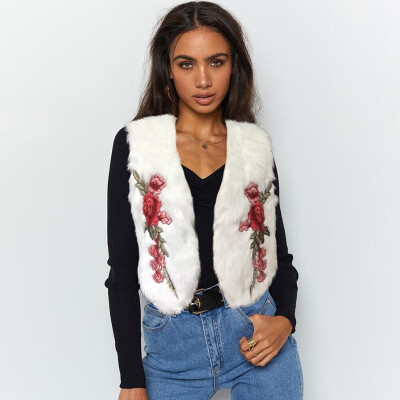 

Women Vest Shaggy Faux Fur Colorful Floral Embroidery V Neckline Sleeveless Casual Jacket Streetwear