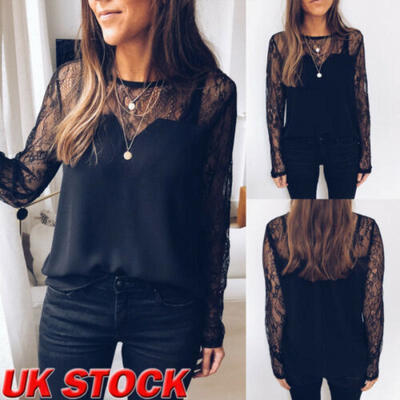 

Womens Long Sleeve Lace Pullover Tops Ladies Casual Loose T Shirts Blouse 6-18