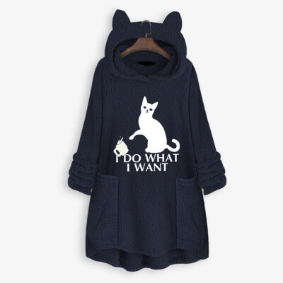 

Tailored Women Fleece Embroidery Cat Ear Plus Size Hoodie Pocket Top Sweater Blouse