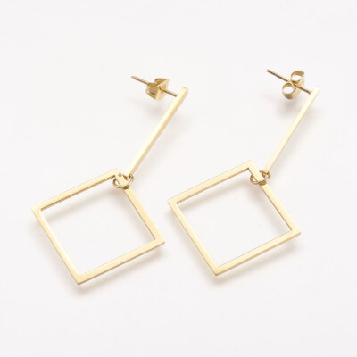 

304 Stainless Steel Dangle Ear Studs Rhombus Golden 53x27x2mm