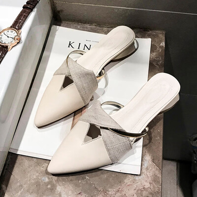 

Lazy Mueller womens shoes 2019 new flat bottom summer net red heel thick toe Baotou half slippers for women to wear