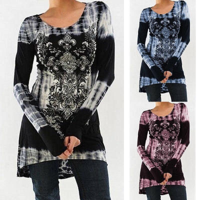 

Women&39s Fashion Long Sleeve O-neck Printing T-shirt Slim High Waist Tie Dye Tops