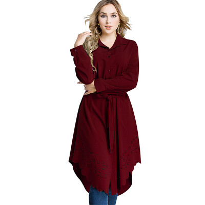 

Women Plus Size Shirt Dress Burning Flowers Hollow Out Irregular Hem Belted Casual Tunic Long Blouse Top