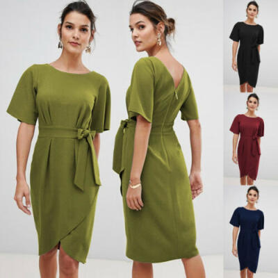 

Women Casual Dress Short Sleeve Office Wear Bodycon Midi Skirt Evening Cocktail